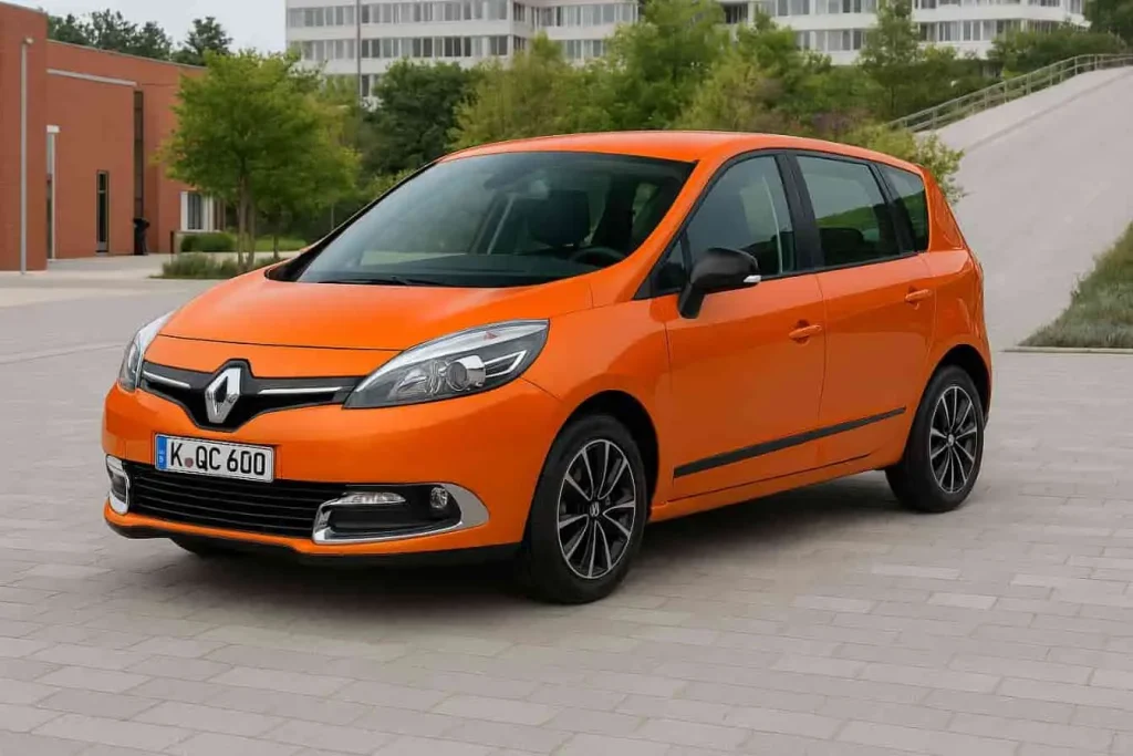 Scénic III orange vif, profil avant droit, jantes grises et calandre chromée, garé en ville sur fond de verdure et bâtiments modernes.