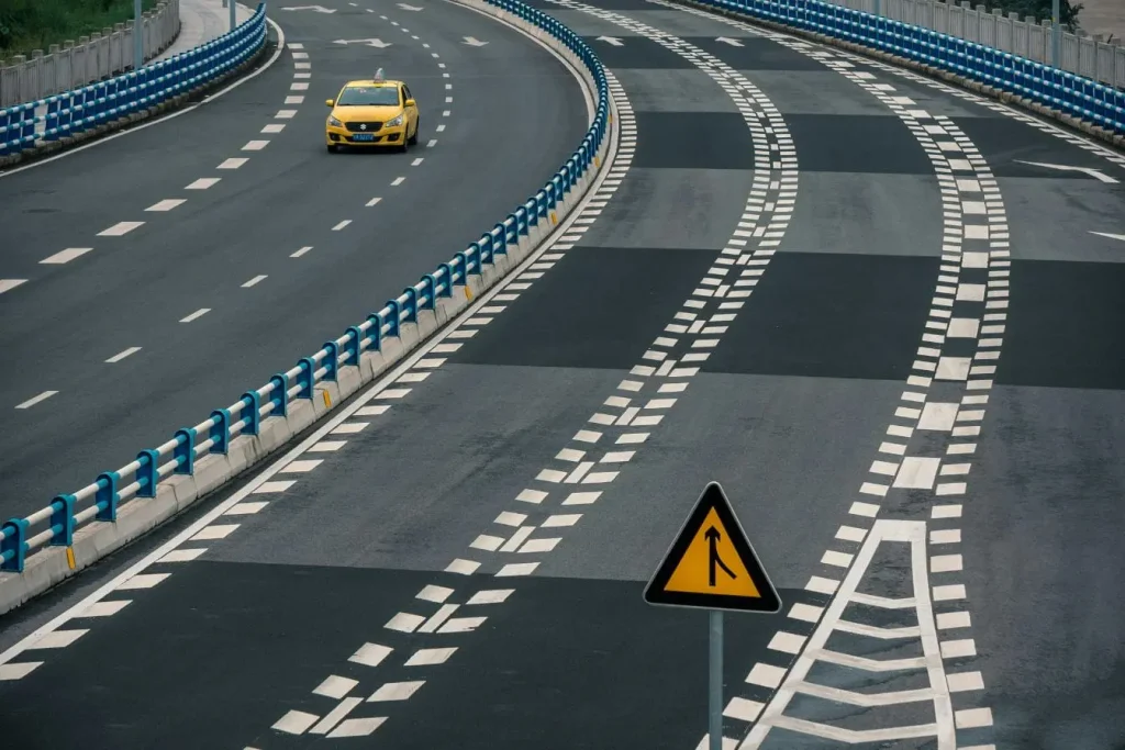 Vue d’une voiture sur autoroute avec un véhicule jaune devant, image évoquant l’importance de respecter la distance de sécurité pour éviter les collisions.