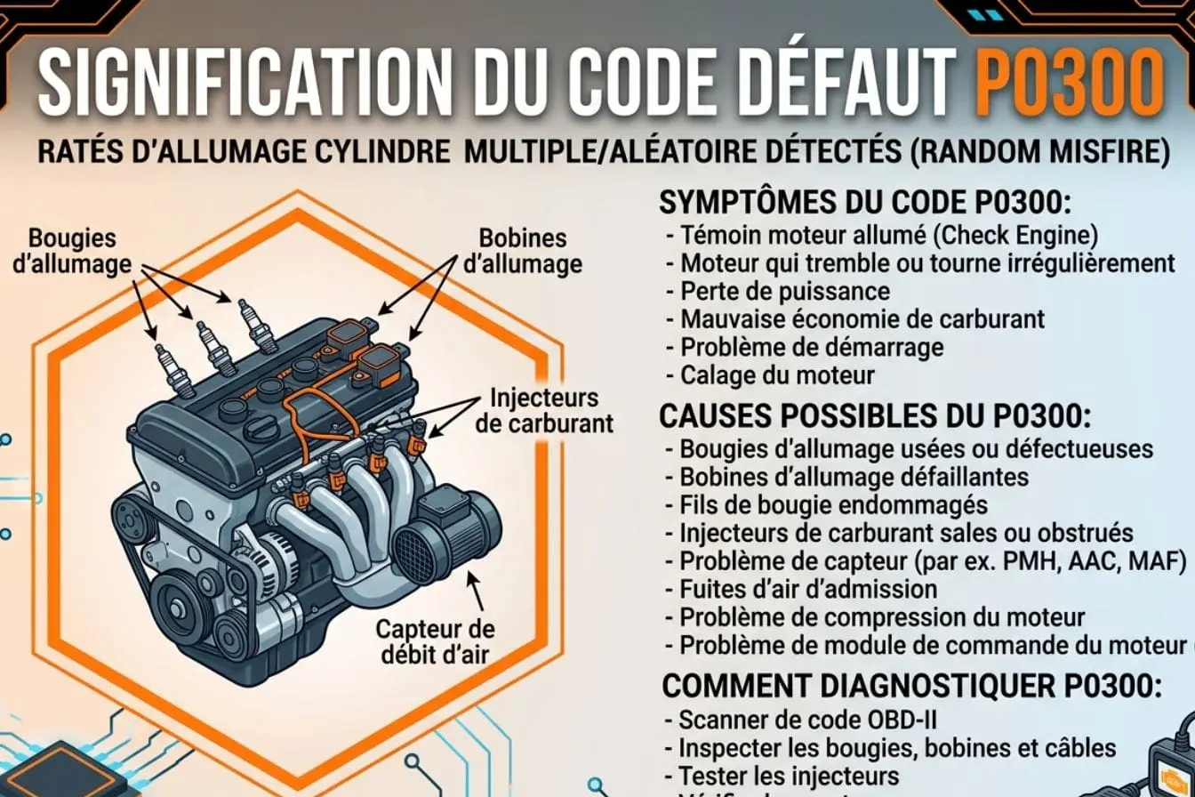 code défaut P0300 Schéma moteur avec bougies et injecteurs, image illustrant le code défaut P0300 et ses ratés d’allumage multiples.