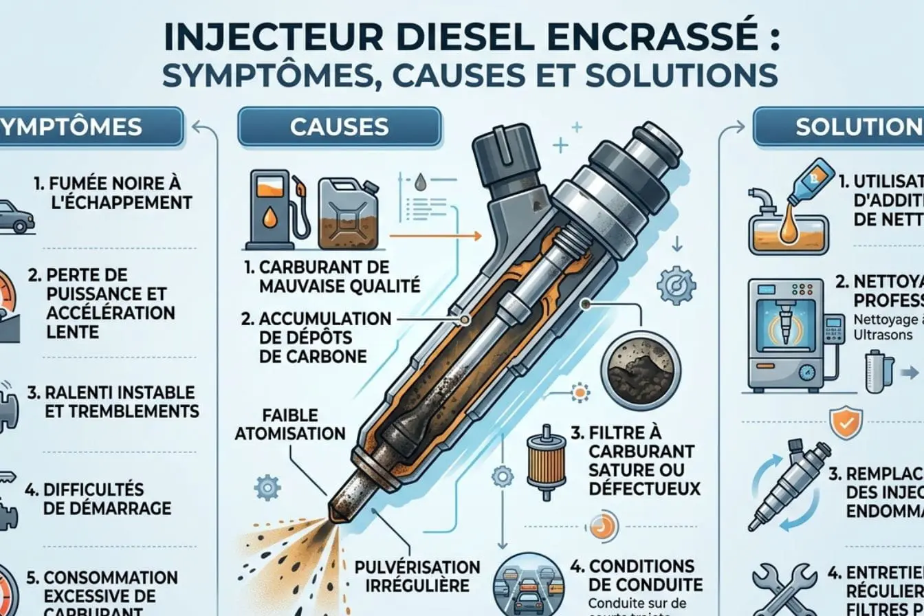 Infographie mécanique montrant injecteur diesel en coupe détaillée, image illustrant les symptômes et solutions d’un injecteur encrassé.