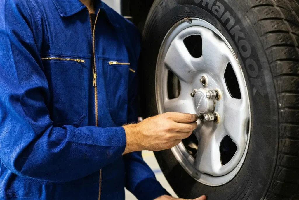 Gros plan sur roue de voiture entretenue dans atelier, symbole du recyclage et du rechapage des pneus.