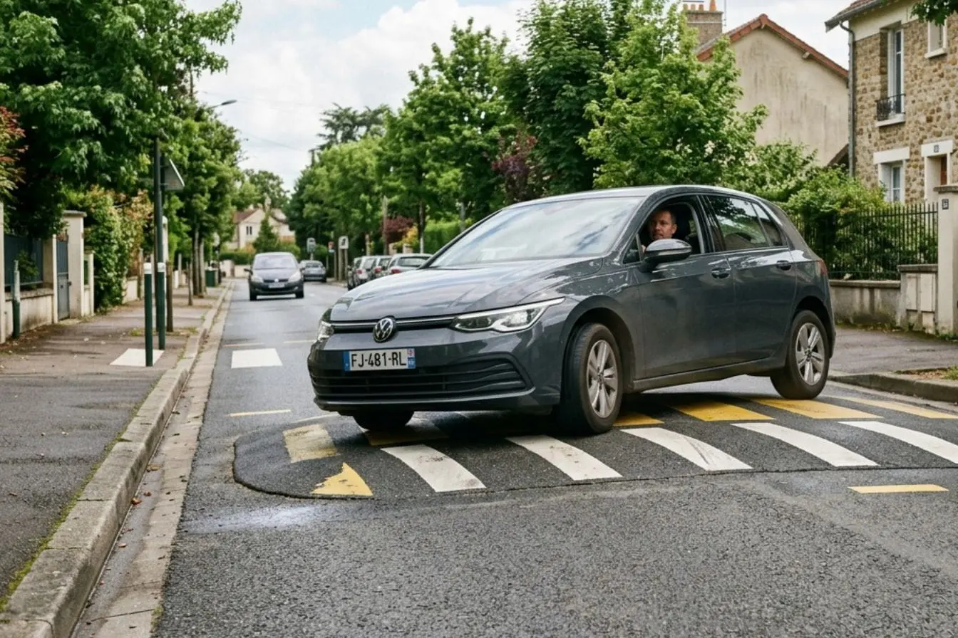 Voiture grise franchit dos d’âne sur rue résidentielle, image illustrant les impacts possibles sur suspension et sécurité.