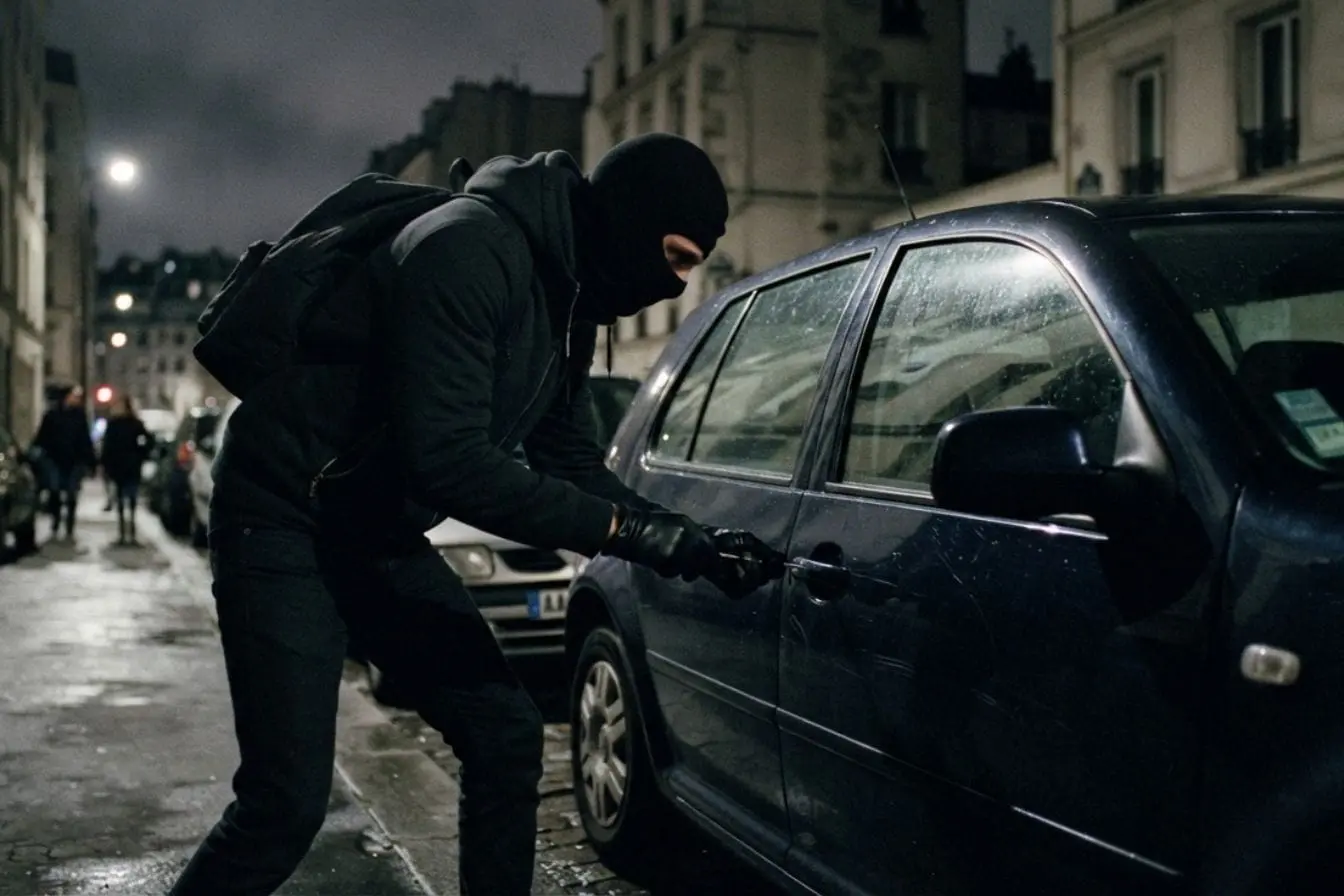 vol automobile Personne vêtue de sombre tente d’ouvrir une voiture garée la nuit, image qui illustre le problème du vol automobile en France.