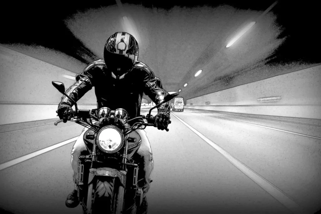 Moto sportive filant dans tunnel éclairé, symbole de vitesse extrême et des records atteints en 2026.
