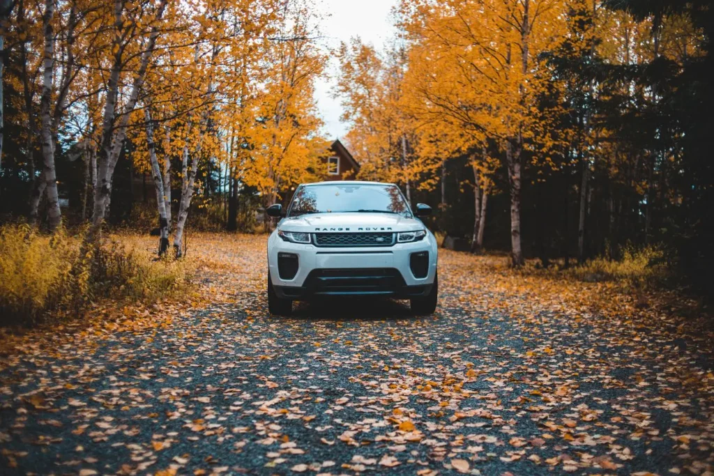 Une voiture moderne à l'arrêt dans un décor forestier aux teintes orangées, idéale pour évoquer les technologies de transmission.